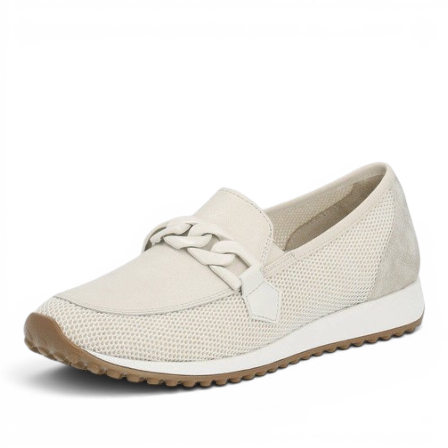 ShoeShop Remonte D3108-60 beige slip-on sneakers with a decorative chain detail and textured mesh upper