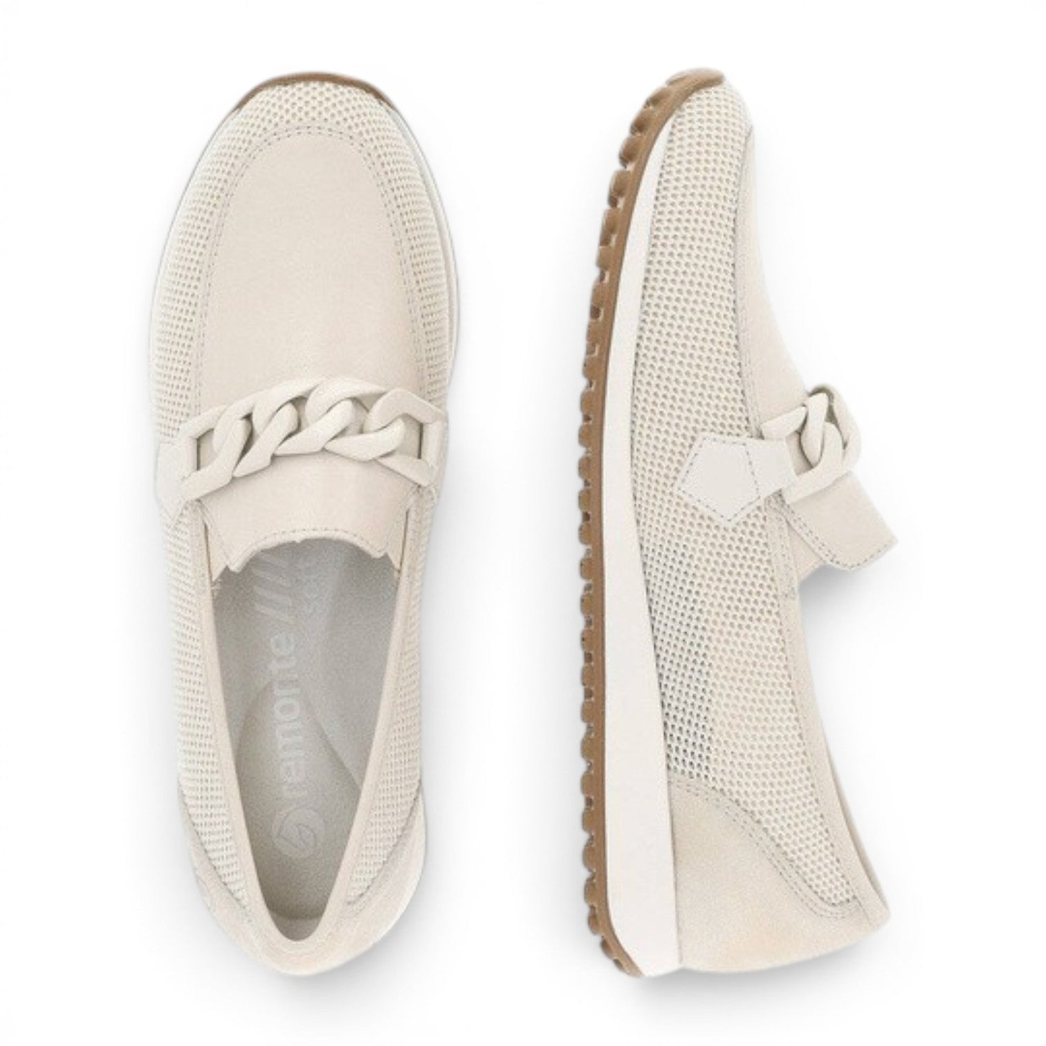 ShoeShop Remonte D3108-60 beige slip-on sneakers with mesh upper and decorative chain detail