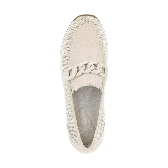 ShoeShop Remonte D3108-60 beige slip-on loafers with a decorative chain detail and perforated texture