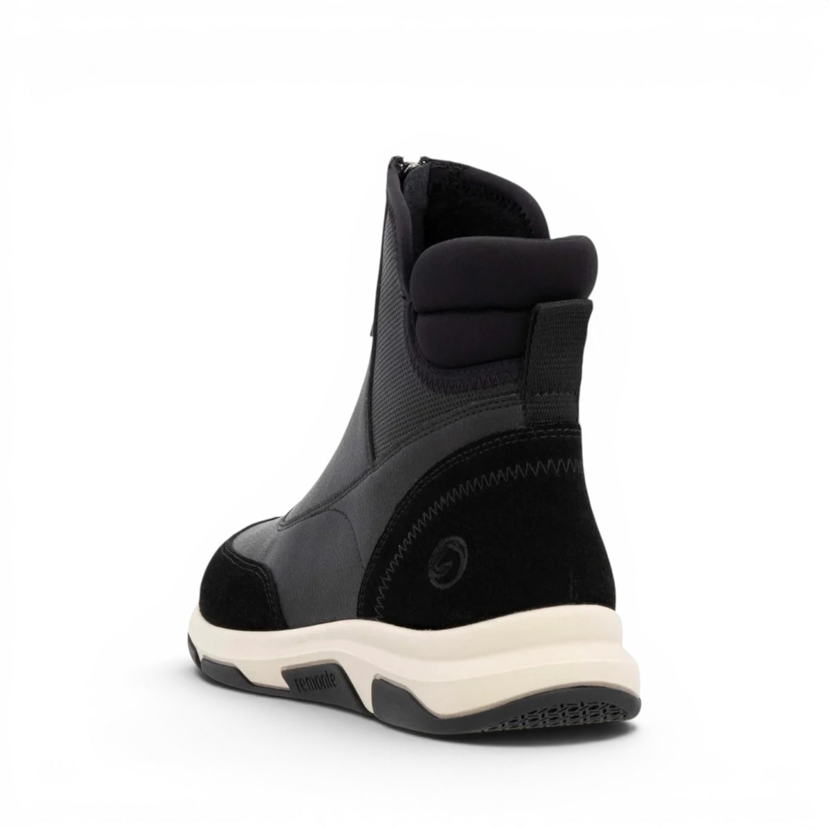 ShoeShop Remonte D1S72-02 black ankle boots with a high-top design, rear zipper, and chunky beige platform sole.