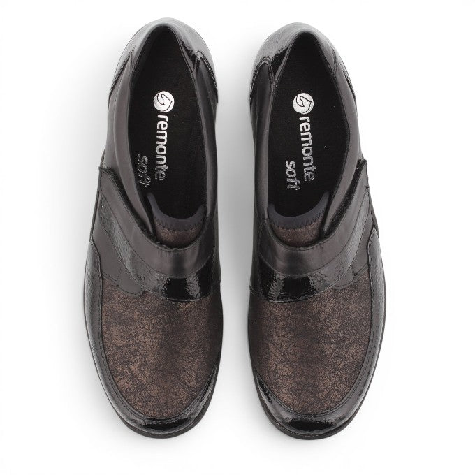 ShoeShop Remonte R7600-03 black and bronze slip-on shoes with patent leather details and soft insoles