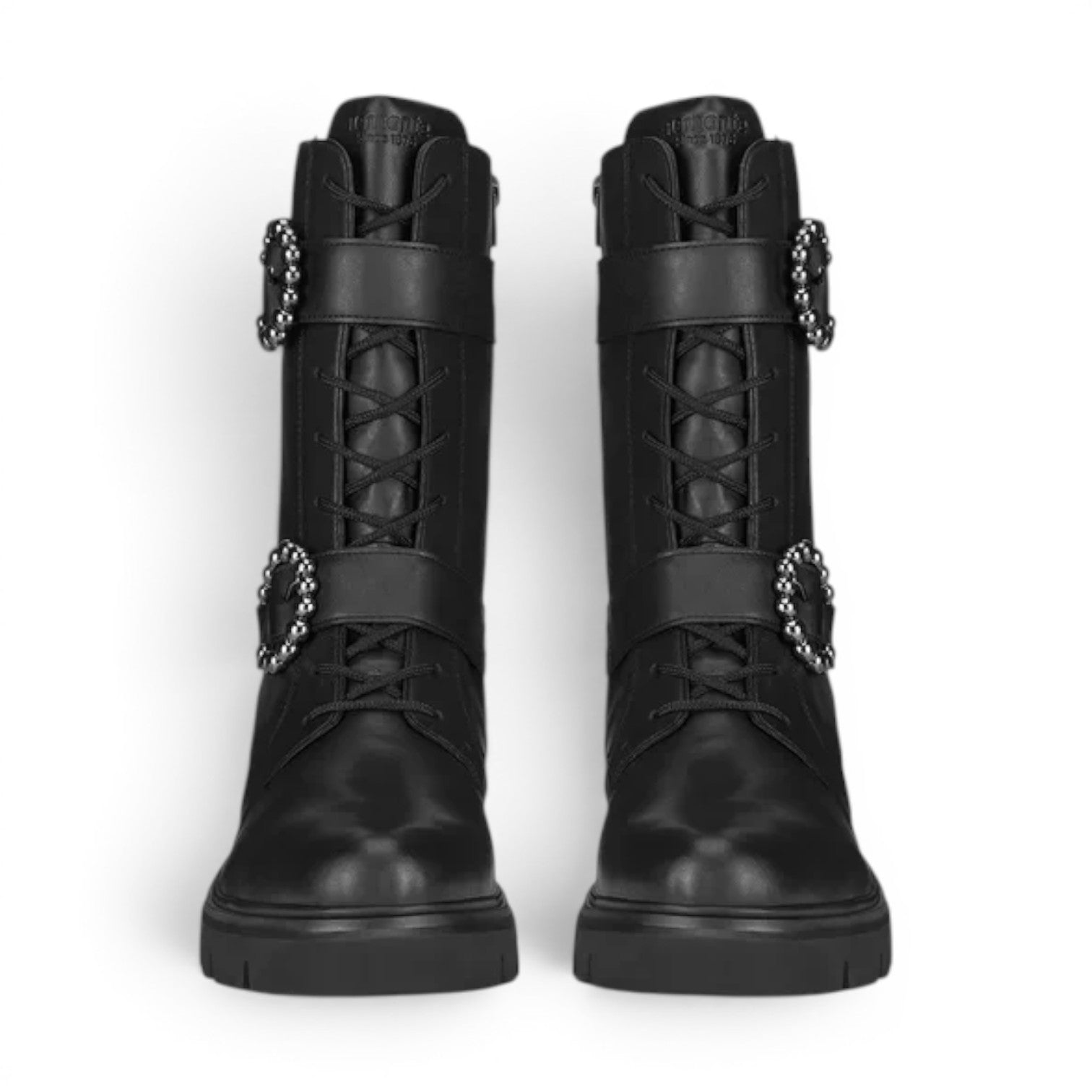 ShoeShop Remonte D1W70-00 black lace-up combat boots with decorative buckled straps and silver stud detailing.