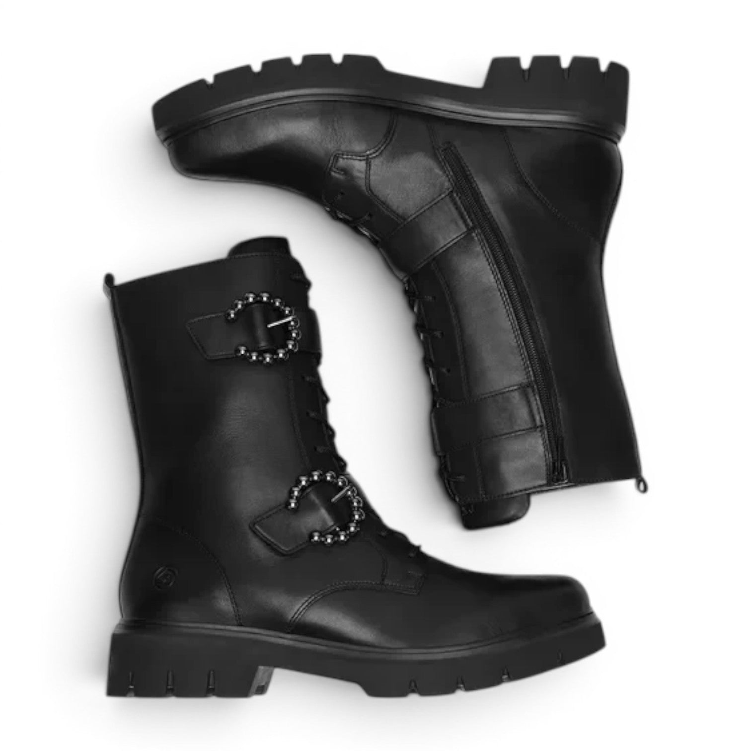 ShoeShop Remonte D1W70-00 black leather combat boots with decorative studded buckles and chunky lug soles