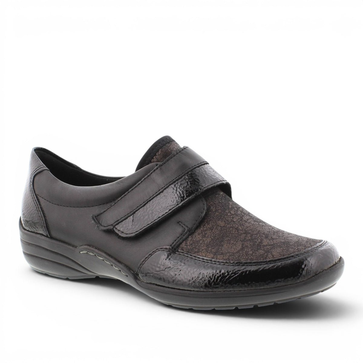 ShoeShop Remonte R7600-03 black leather comfort shoe with a velcro strap and textured panel detail