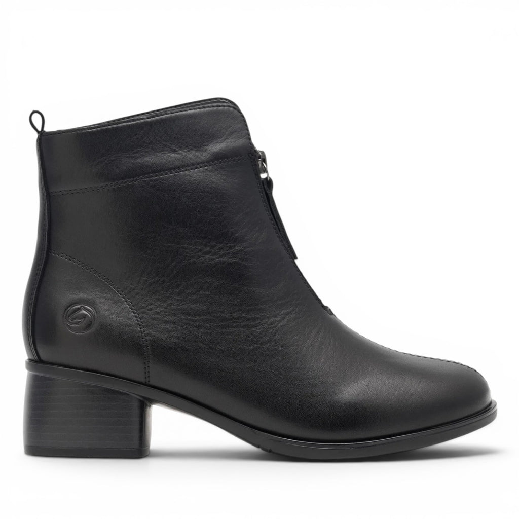 ShoeShop Remonte R8878-01 black leather ankle boot with a front zipper and a comfortable block heel.