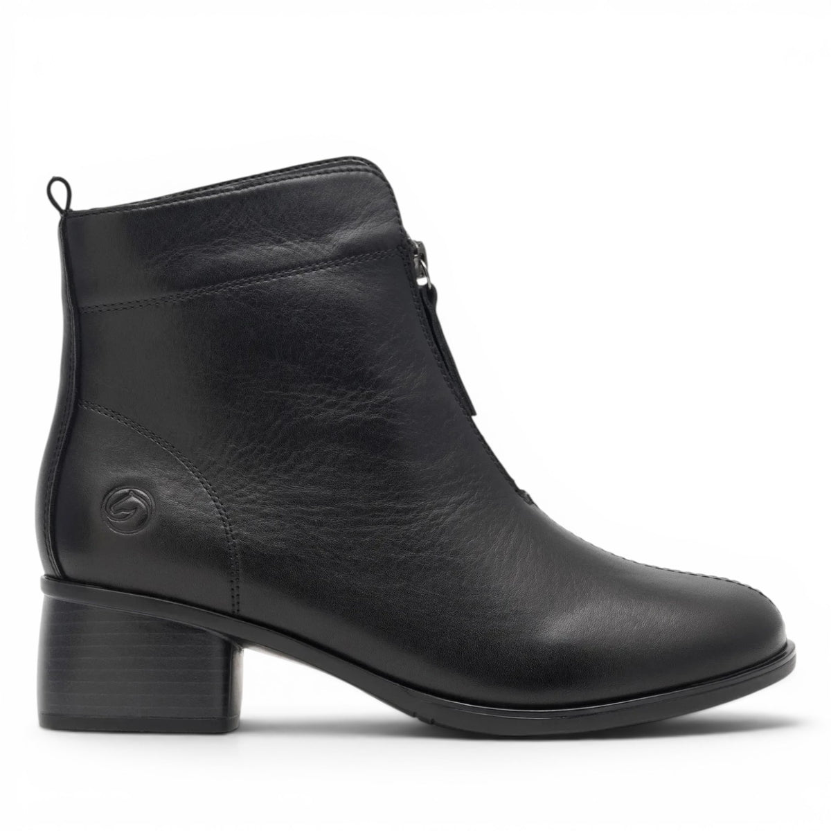 ShoeShop Remonte R8878-01 black leather ankle boot with a front zipper and a comfortable block heel.