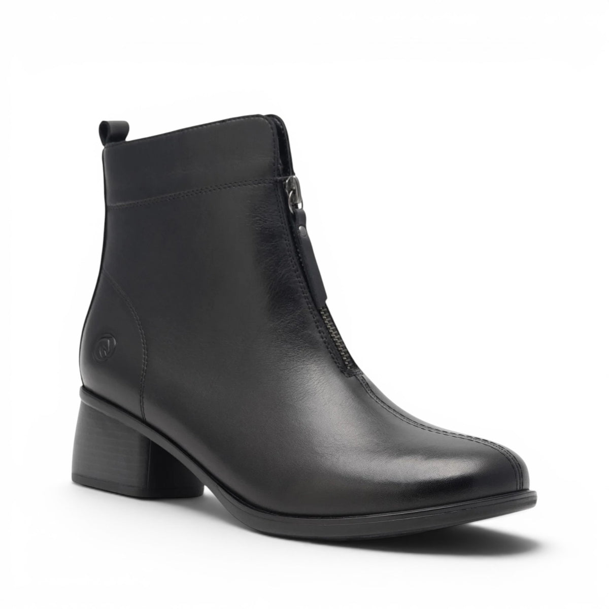 ShoeShop Remonte R8878-01 black leather ankle boots with a front zipper and block heel