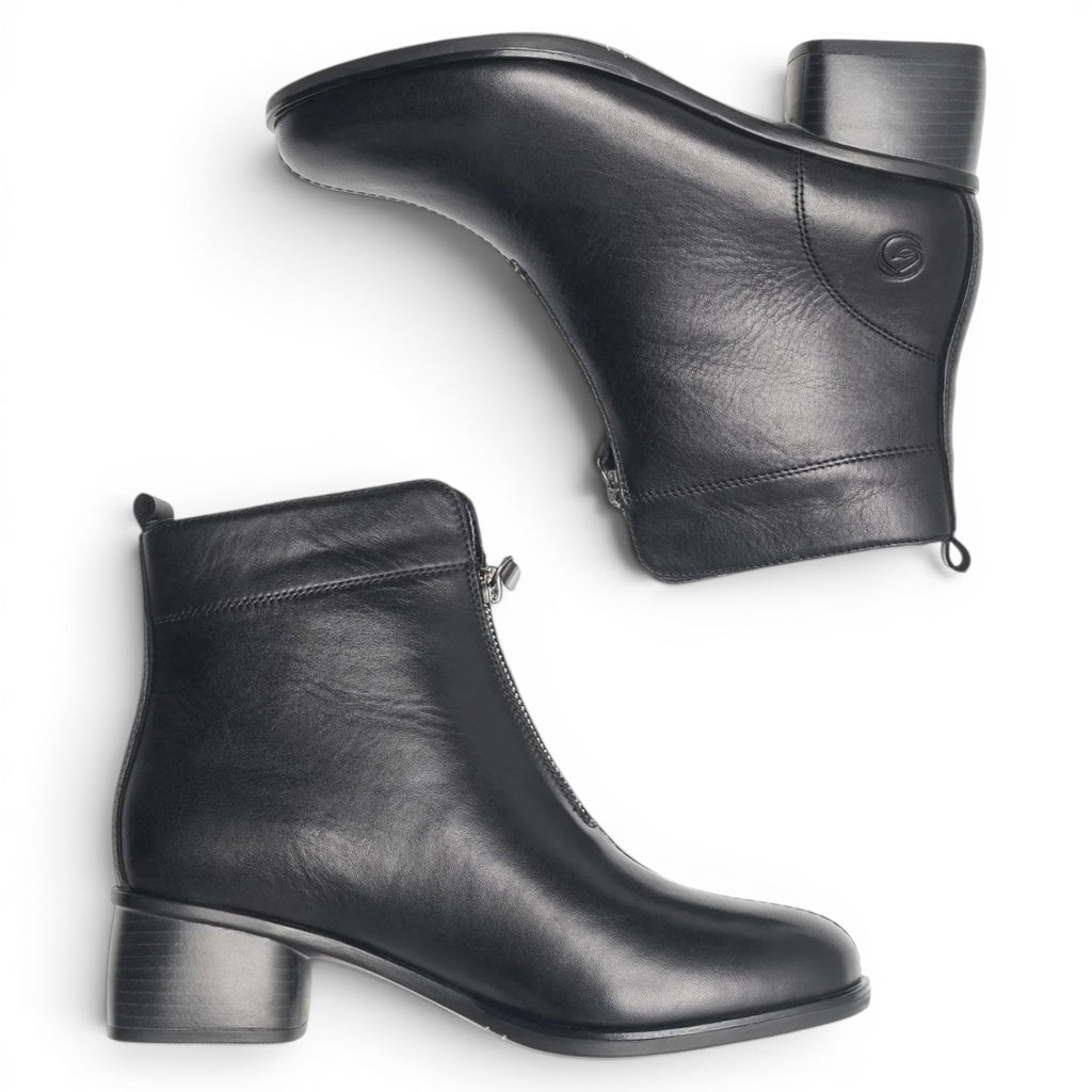 ShoeShop Remonte R8878-01 black leather ankle boots with a front zipper and block heel