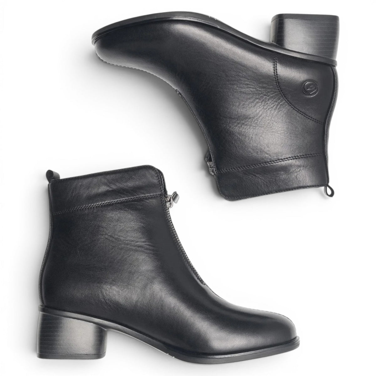 ShoeShop Remonte R8878-01 black leather ankle boots with a front zipper and block heel