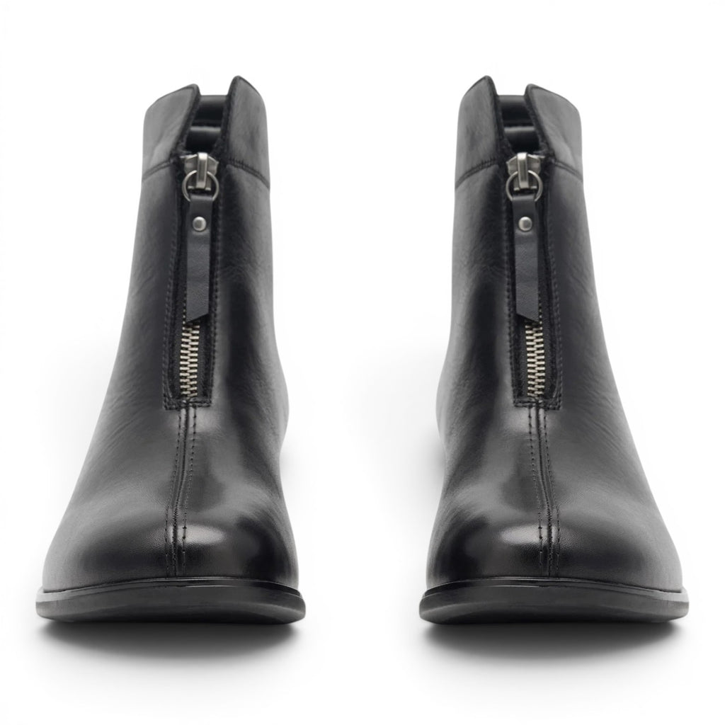ShoeShop Remonte R8878-01 black leather ankle boots with a front zipper closure and a low block heel