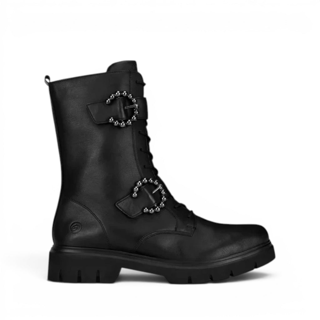 ShoeShop Remonte D1W70-00 black leather lace-up combat boots with decorative studded buckle straps