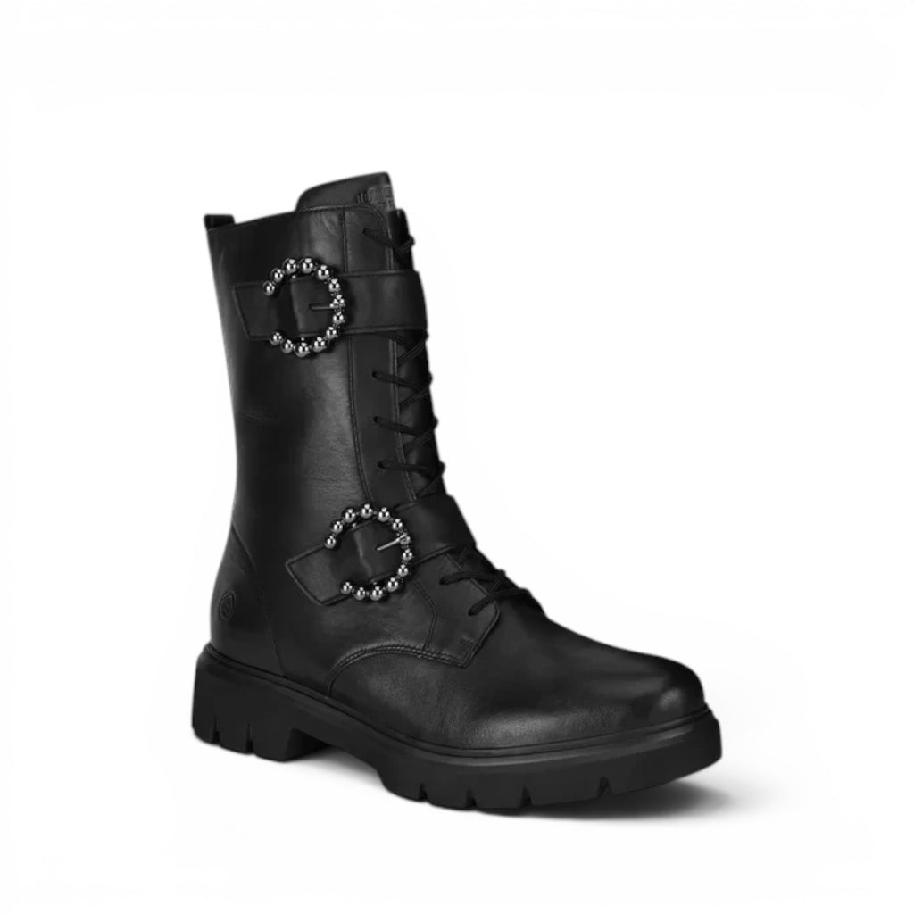 ShoeShop Remonte D1W70-00 black leather mid-calf combat boots with decorative studded buckles and lace-up front