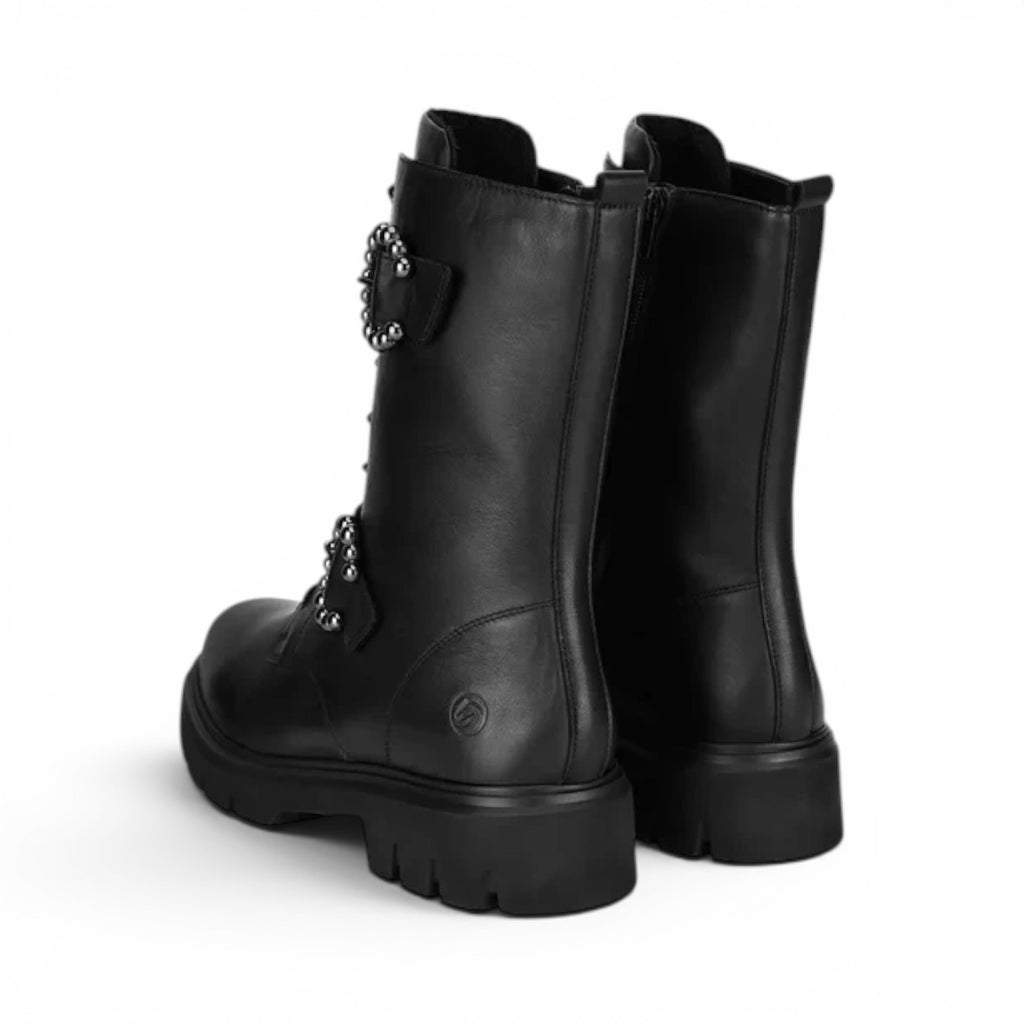 ShoeShop Remonte D1W70-00 black mid-calf boots with decorative studded straps and chunky lug soles