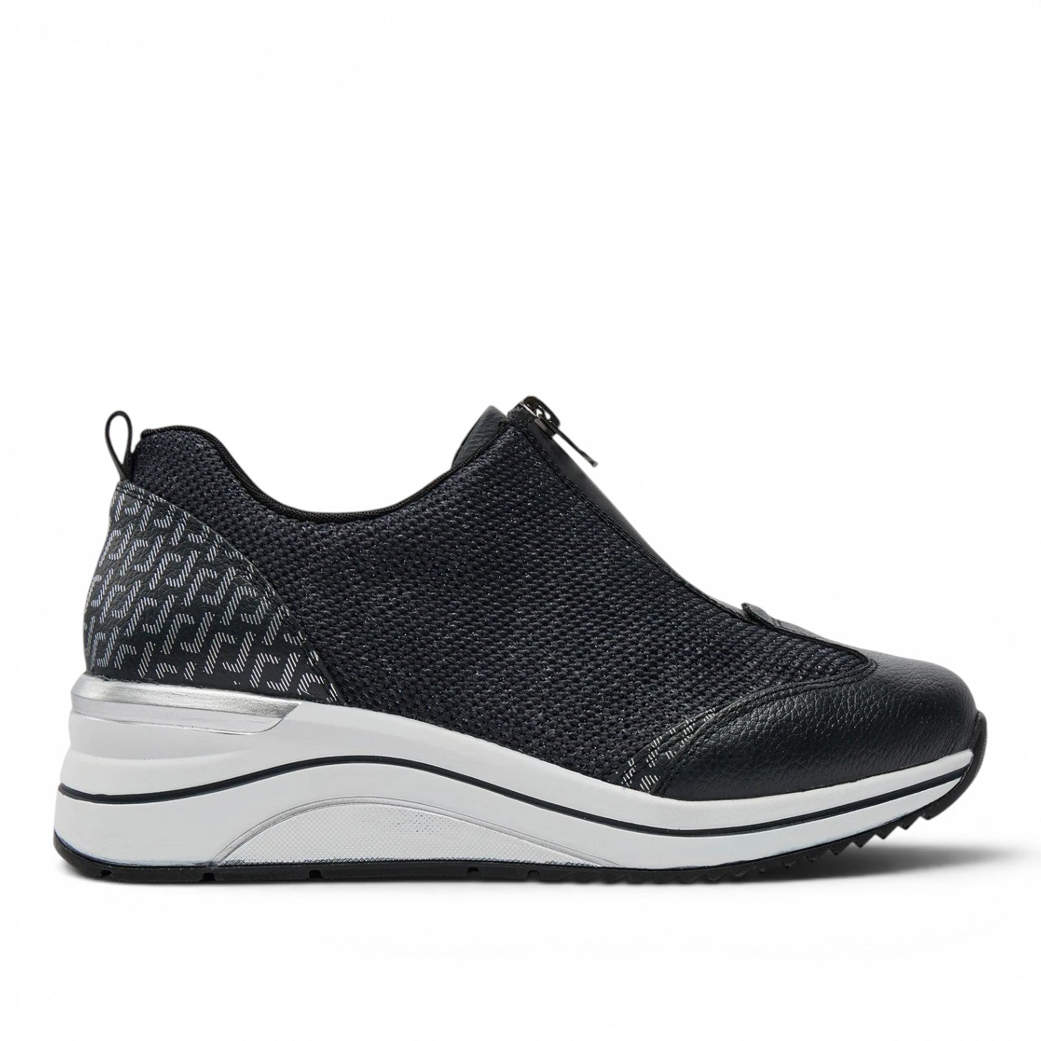 ShoeShop Remonte D0T07-14 black wedge sneakers with a front zipper, textured pattern, and white platform sole.