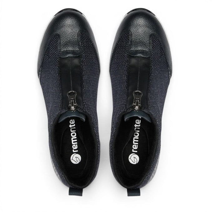 ShoeShop Remonte D0T07-14 black zip-up sneakers with textured leather and mesh upper viewed from above