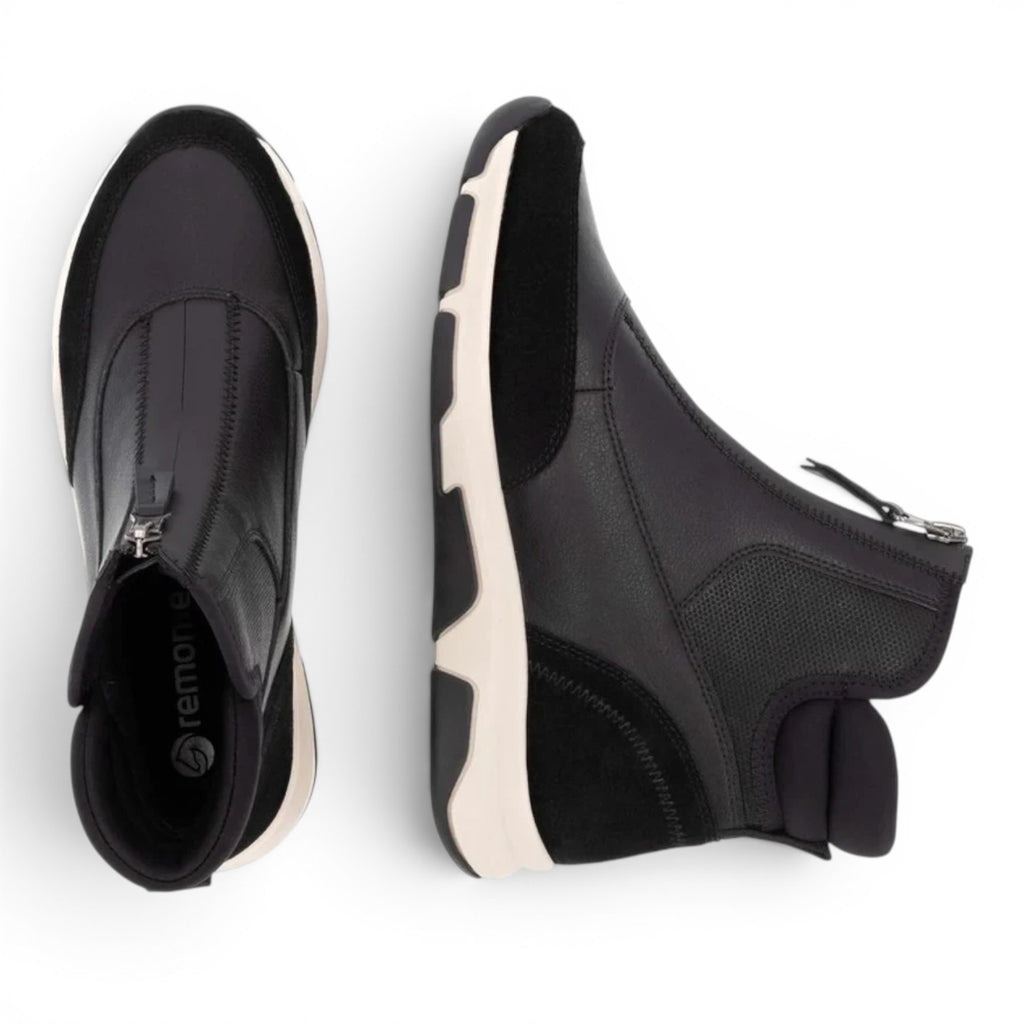 ShoeShop Remonte D1S72-02 black ankle boots with front zipper, suede and leather panels, and a thick white sole.