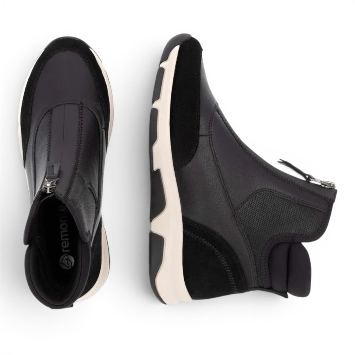 ShoeShop Remonte D1S72-02 black ankle boots with front zipper, suede and leather panels, and a thick white sole.
