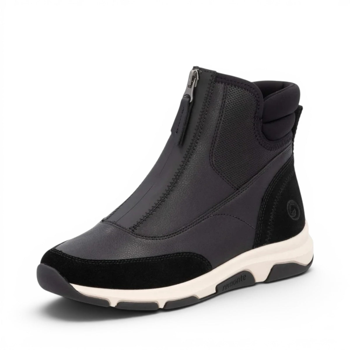 ShoeShop Remonte D1S72-02 black ankle boots with front zipper, suede and leather panels, and a thick white sole.