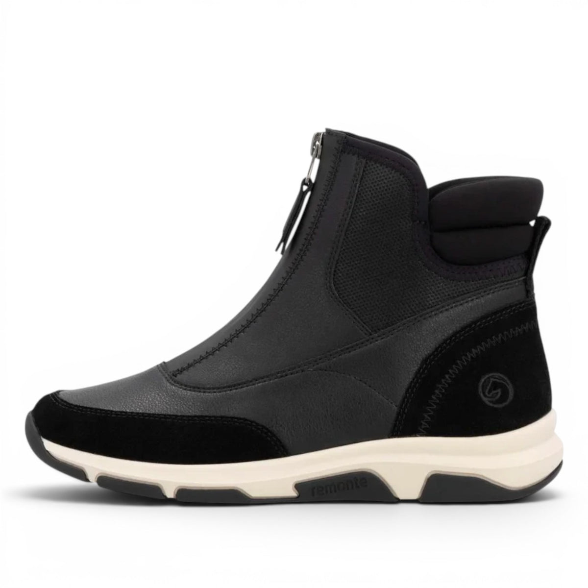 ShoeShop Remonte D1S72-02 black ankle boot with front zipper closure and a thick white athletic sole