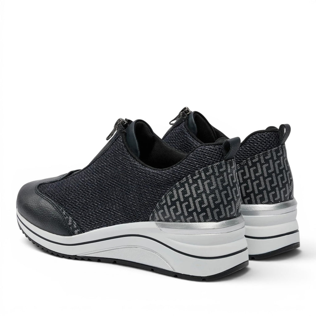 ShoeShop Remonte D0T07-14 navy blue sneakers with front zipper, patterned textile upper, and white platform sole