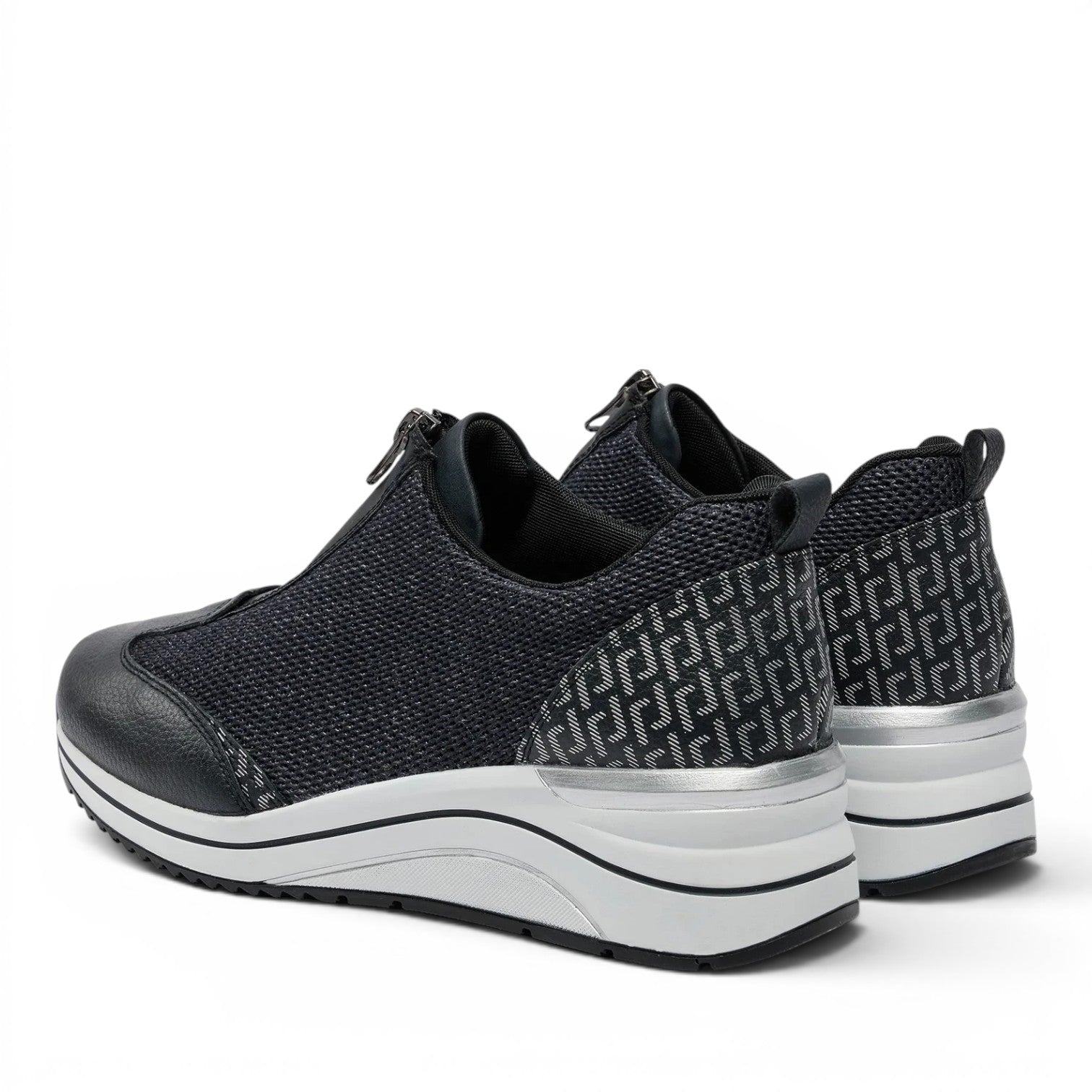ShoeShop Remonte D0T07-14 navy blue sneakers with front zipper, patterned textile upper, and white platform sole