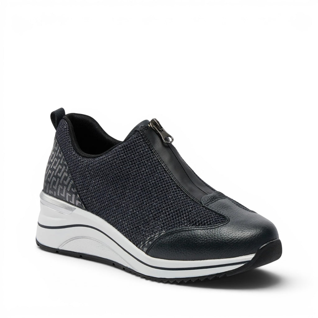 ShoeShop Remonte D0T07-14 navy blue wedge sneakers with front zipper, mesh detailing, and patterned heel panel.
