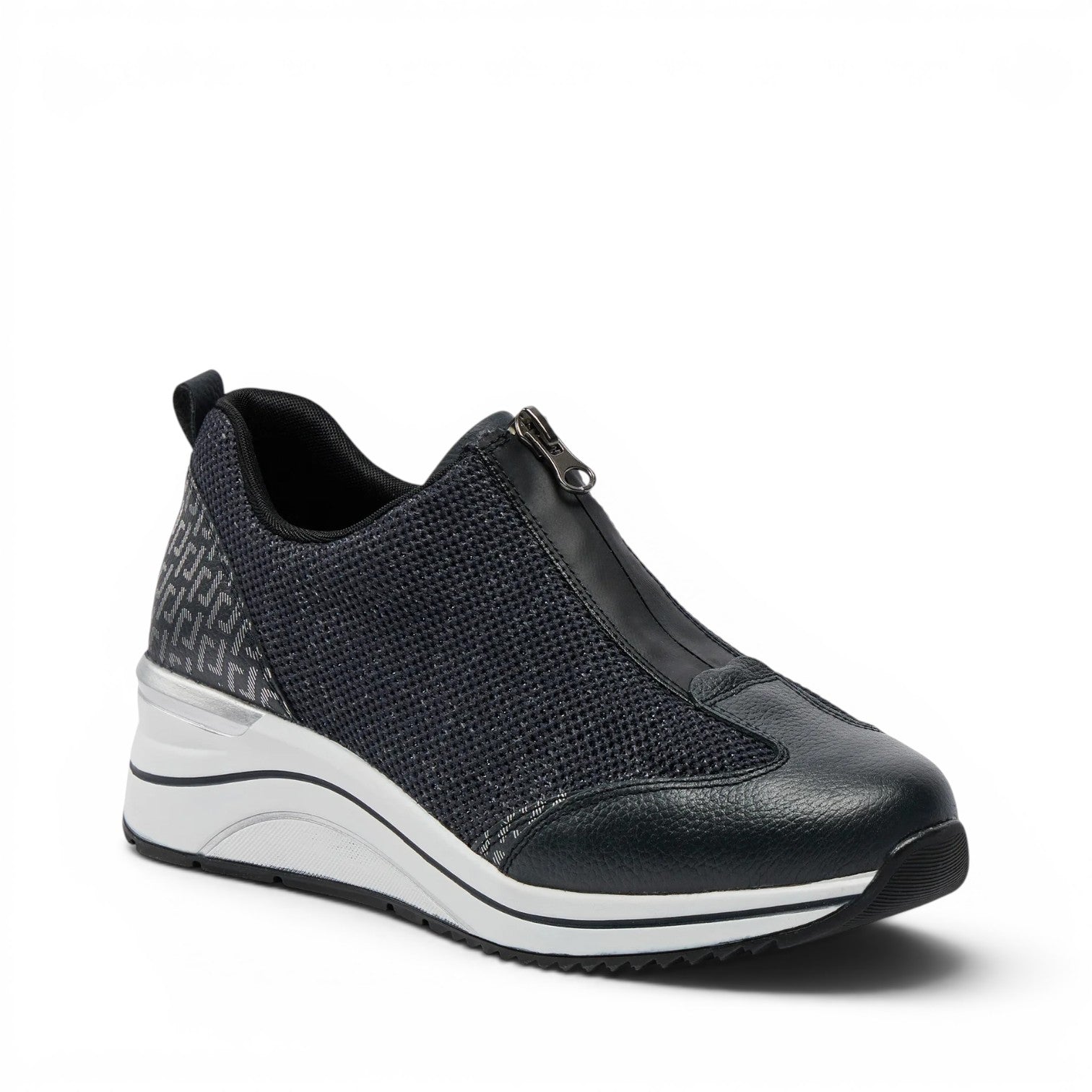 ShoeShop Remonte D0T07-14 navy blue wedge sneakers with front zipper, mesh detailing, and patterned heel panel.