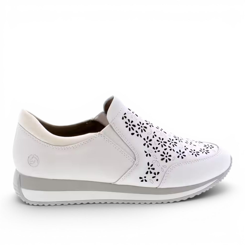 ShoeShop Remonte D0H06-80 white slip-on sneakers with laser-cut floral pattern and comfortable grey wedge sole