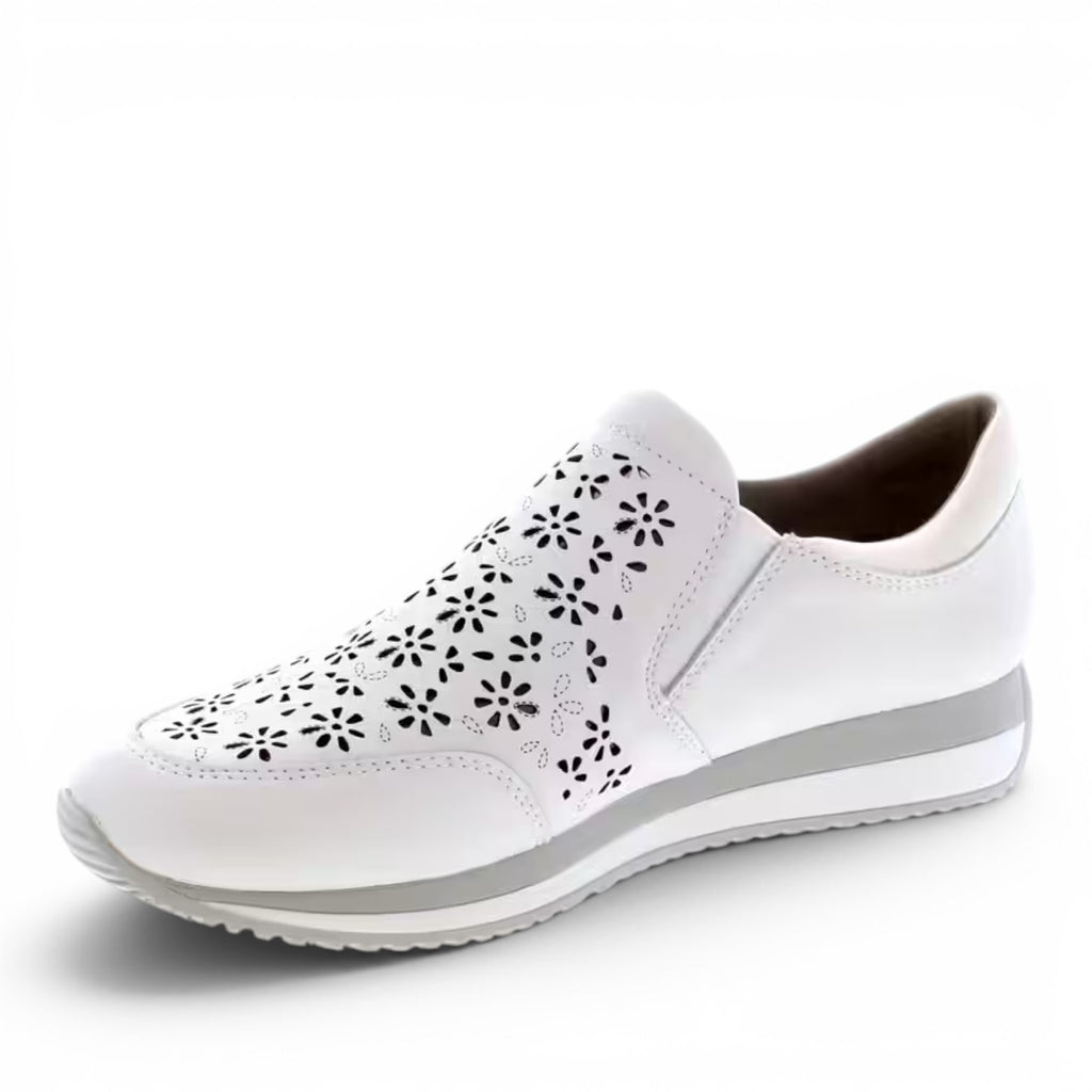 ShoeShop Remonte D0H06-80 white slip-on sneaker with floral laser-cut detailing and a comfortable wedge sole