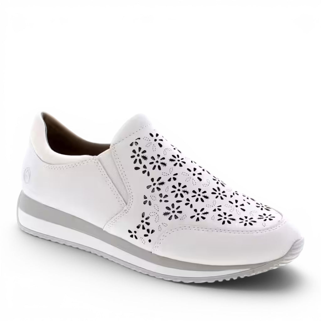 ShoeShop Remonte D0H06-80 white slip-on sneakers with laser-cut floral pattern and grey sole