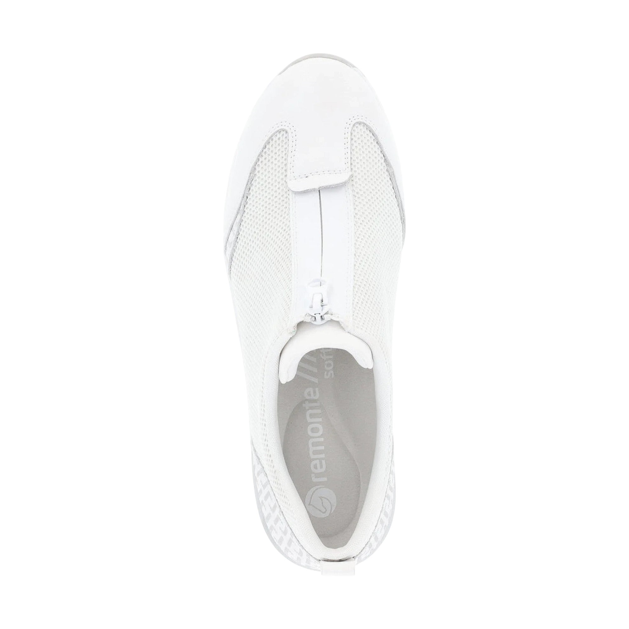 ShoeShop Remonte D0T07-80 white slip-on sneaker with mesh upper and front zipper closure, top-down view
