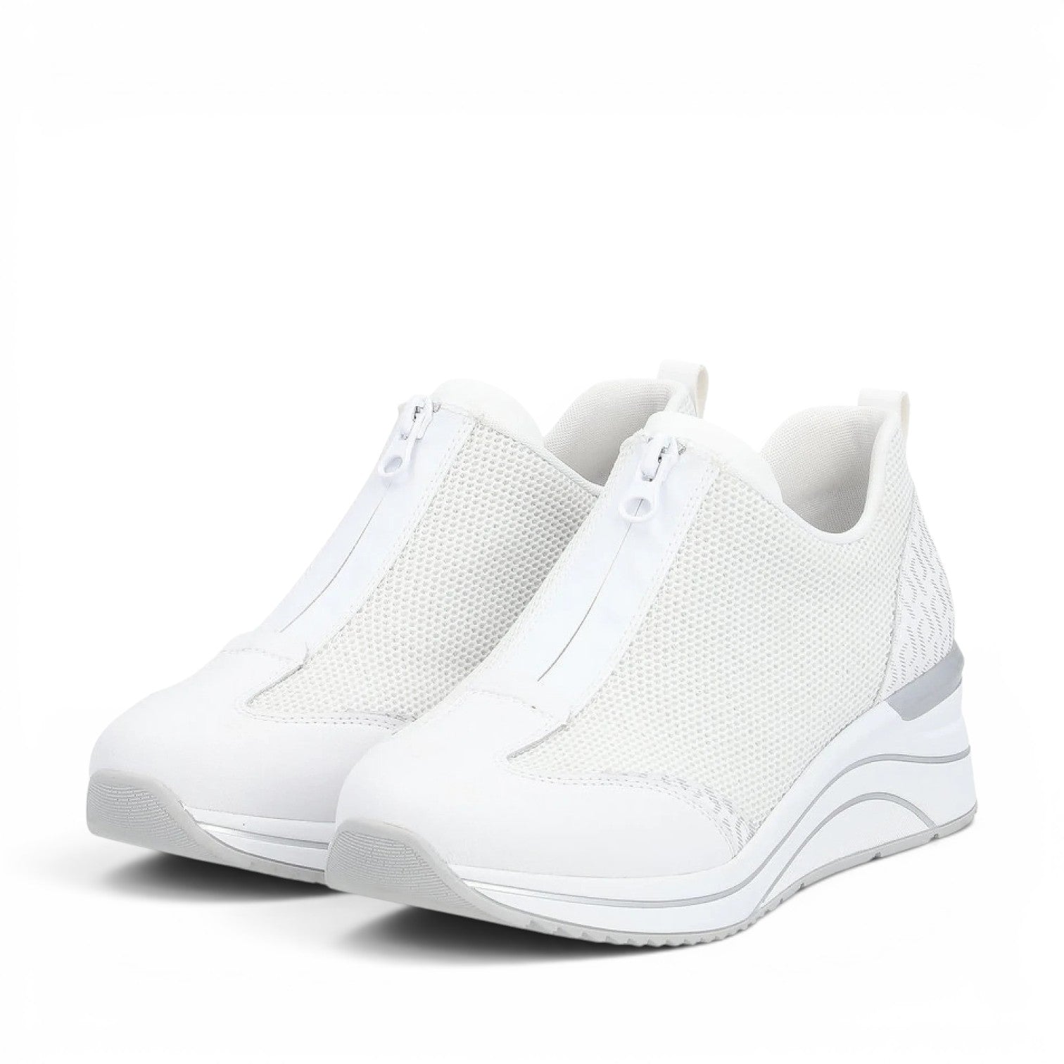 ShoeShop Remonte D0T07-80 white mesh sneakers with a front zip closure and a comfortable wedge sole