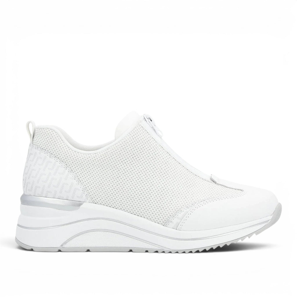 ShoeShop Remonte D0T07-80 white textile sneakers with a front zipper closure and a thick platform sole