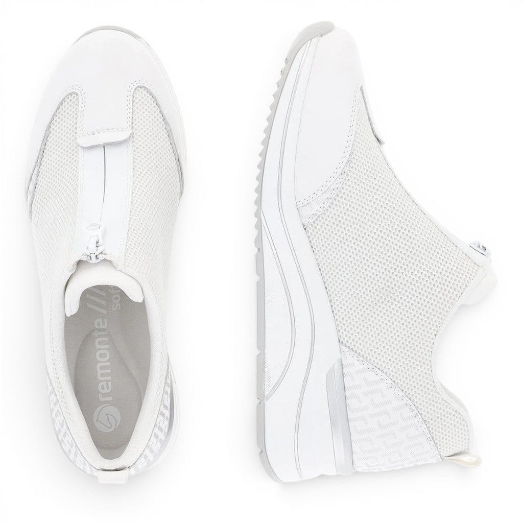 ShoeShop Remonte D0T07-80 white textile sneakers with a front zipper closure and a comfortable platform sole.