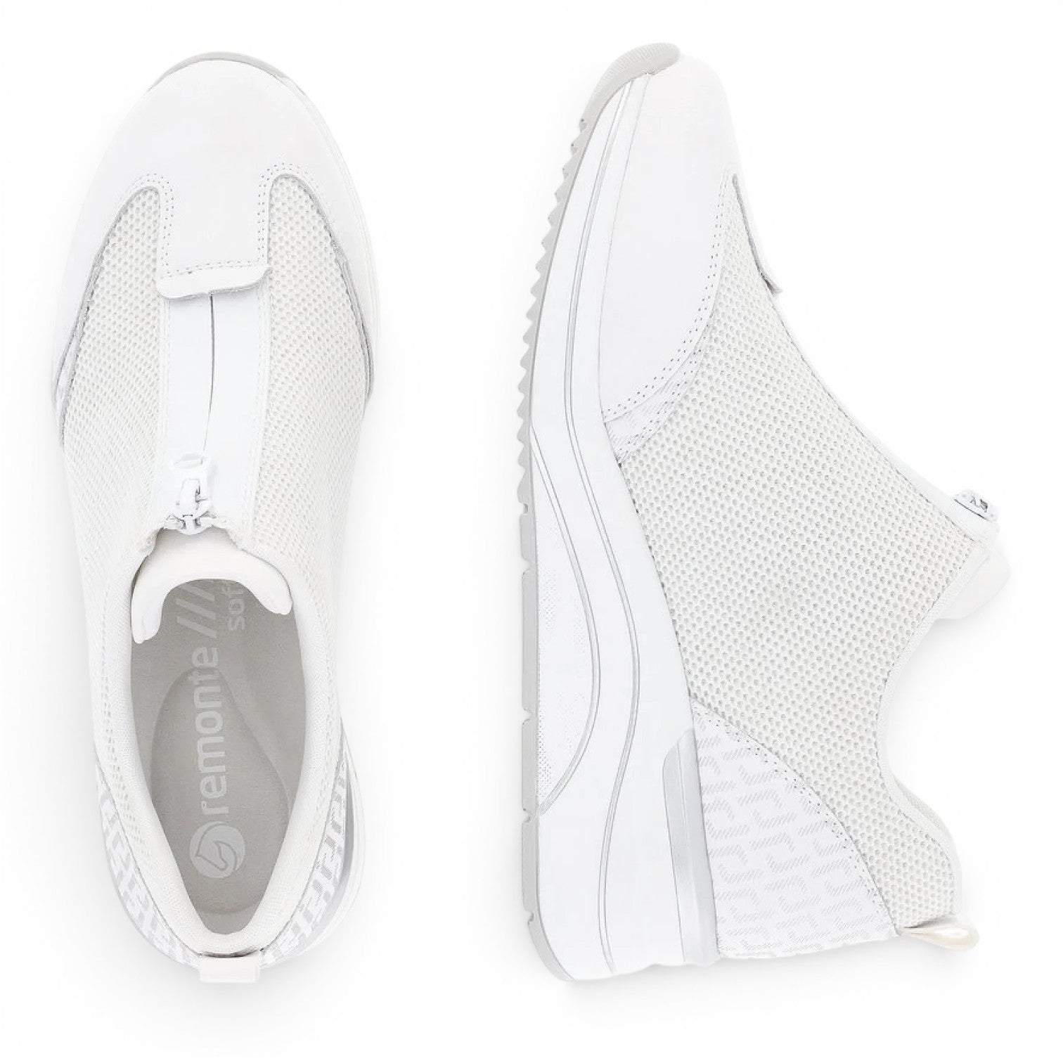 ShoeShop Remonte D0T07-80 white textile sneakers with a front zipper closure and a comfortable platform sole.