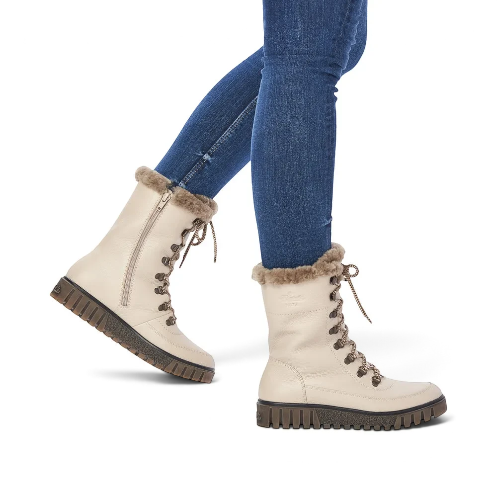 ShoeShop Rieker Y3405-60 beige leather lace-up winter boots with faux fur trim and side zipper