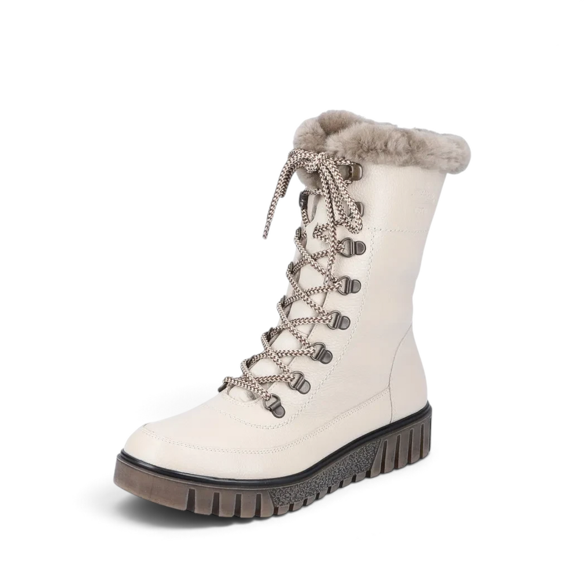 ShoeShop Rieker Y3405-60 beige leather winter boots with faux fur trim, lace-up front, and chunky lug sole.