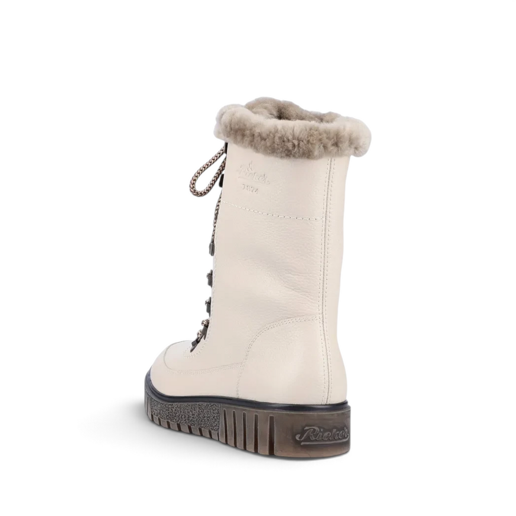 ShoeShop Rieker Y3405-60 beige lace-up winter boots with faux fur trim and chunky platform sole, rear view