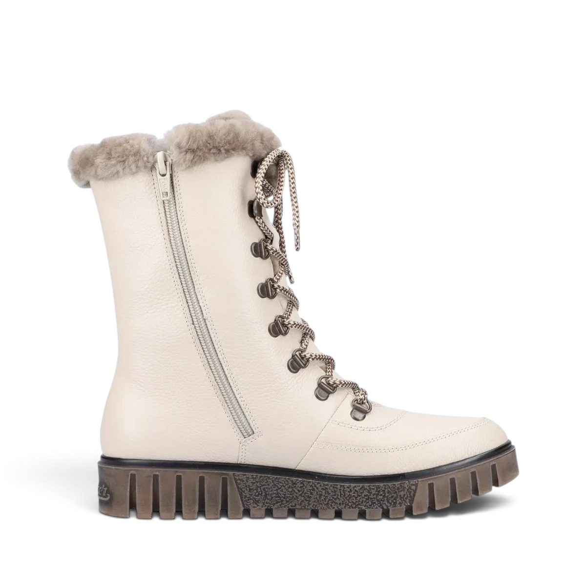 ShoeShop Rieker Y3405-60 beige lace-up winter boots with faux fur trim and side zipper closure