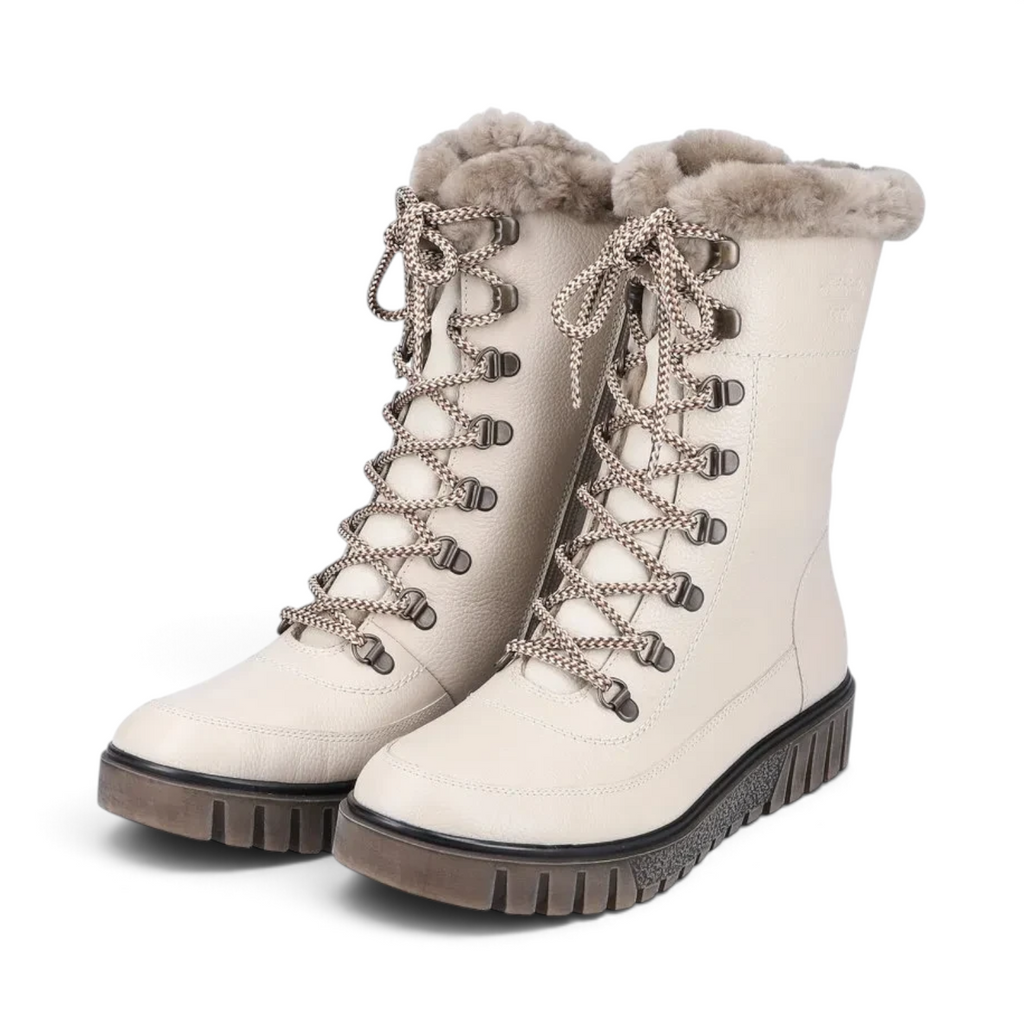 ShoeShop Rieker Y3405-60 beige lace-up winter boots with faux fur trim and chunky lug soles