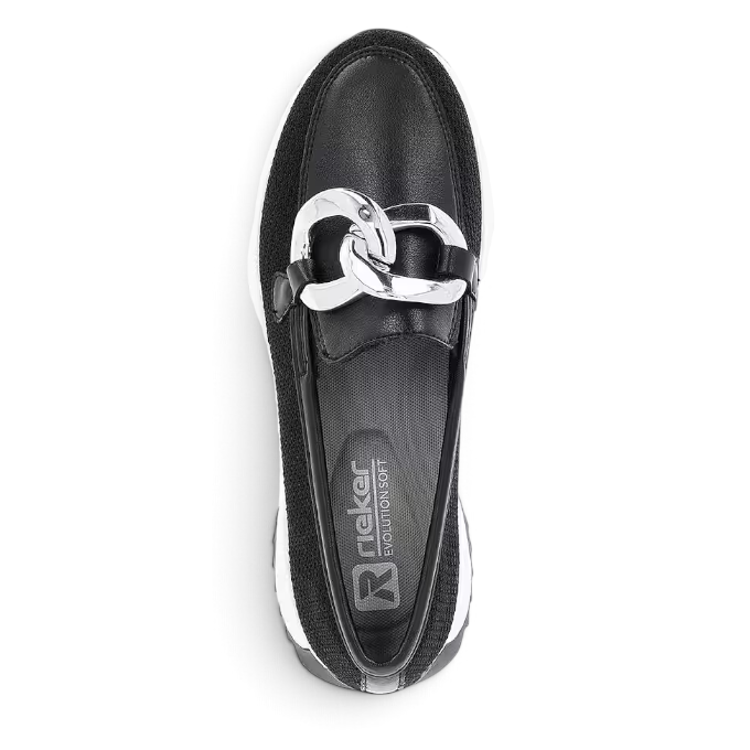 ShoeShop Rieker W1303-00 black slip-on loafer with a chunky silver chain detail and textured knit upper