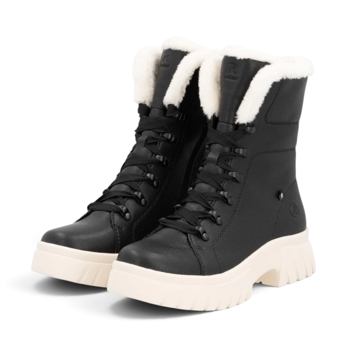 ShoeShop Rieker W1874-00 black lace-up winter boots with white faux fur lining and chunky platform sole