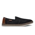 ShoeShop Rieker B5276-00 black mesh slip-on shoe with brown leather heel detail and jute-wrapped midsole