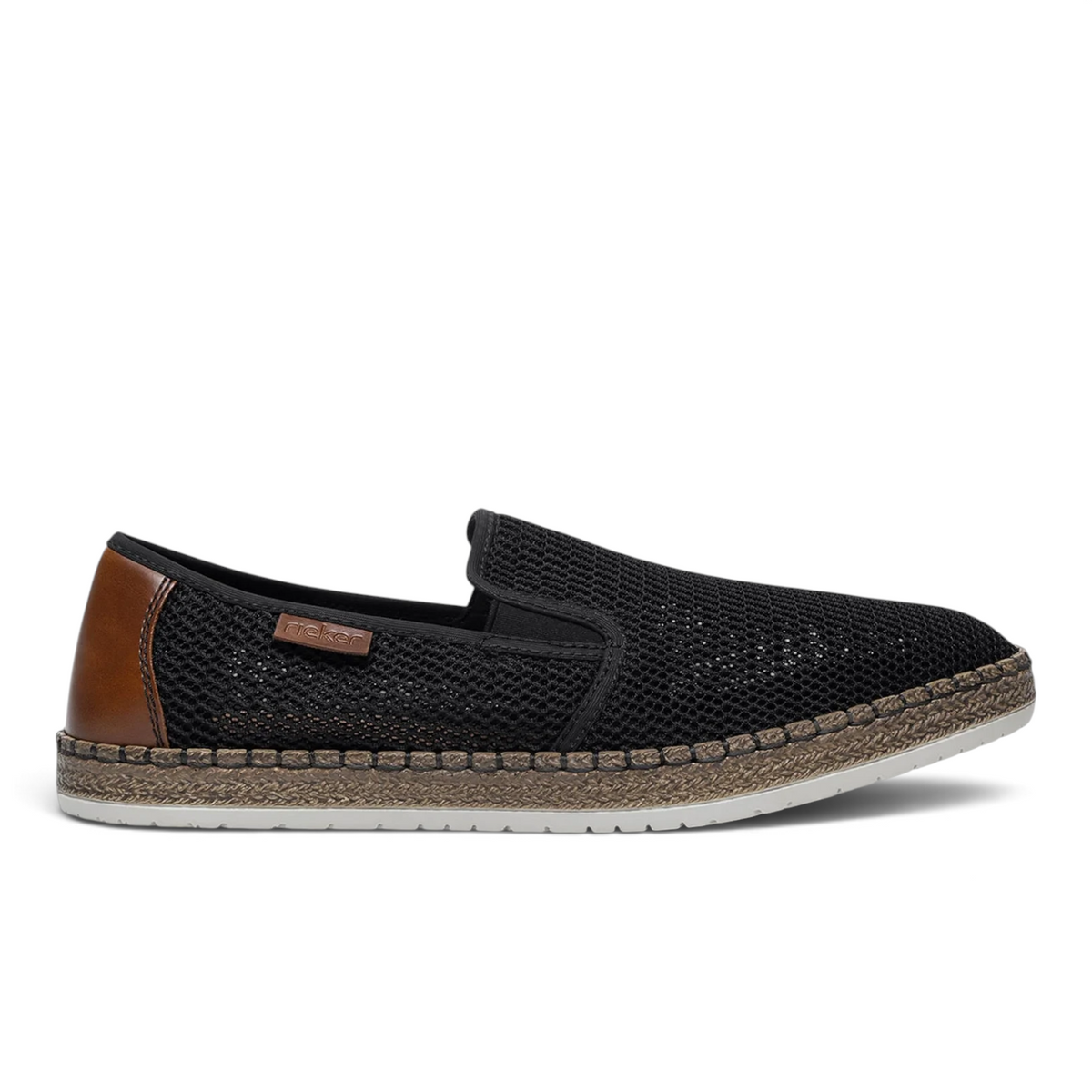 ShoeShop Rieker B5276-00 black mesh slip-on shoe with brown leather heel detail and jute-wrapped midsole