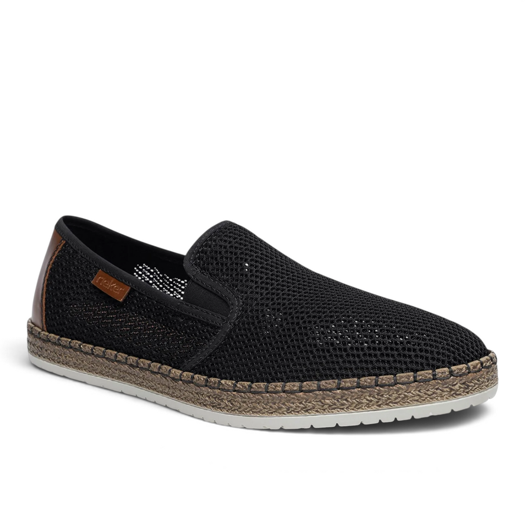 ShoeShop Rieker B5276-00 black mesh slip-on shoe with a brown heel detail and a woven jute-style midsole.