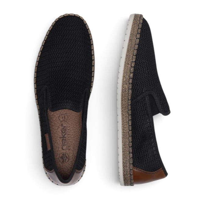 ShoeShop Rieker B5276-00 black mesh slip-on shoes with brown leather heel detail and espadrille-style sole