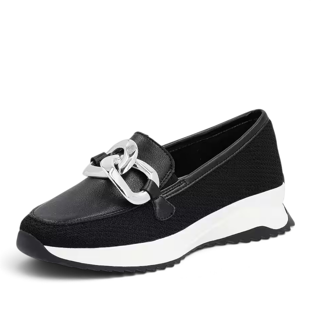 ShoeShop Rieker W1303-00 black slip-on loafer with a chunky silver chain detail and a thick white platform sole