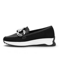 ShoeShop Rieker W1303-00 black slip-on loafers with a chunky silver chain detail and a white platform sole