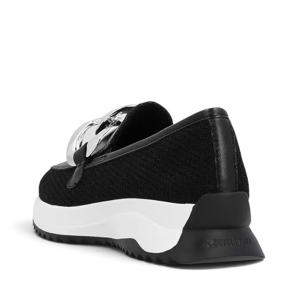 ShoeShop Rieker W1303-00 black slip-on sneaker with a chunky white platform sole and silver chain detail
