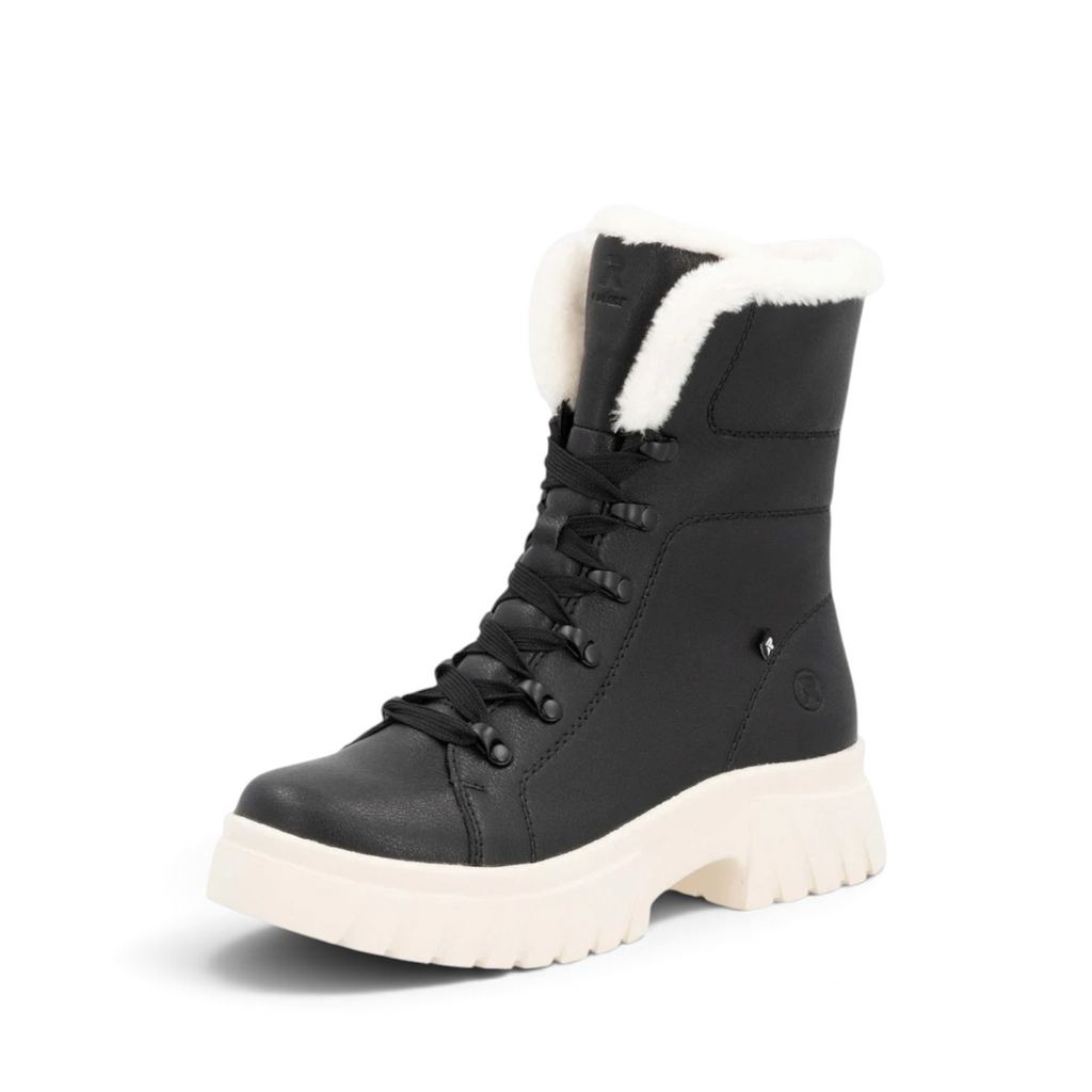 ShoeShop Rieker W1874-00 black lace-up winter boots with white faux fur lining and chunky platform lug sole
